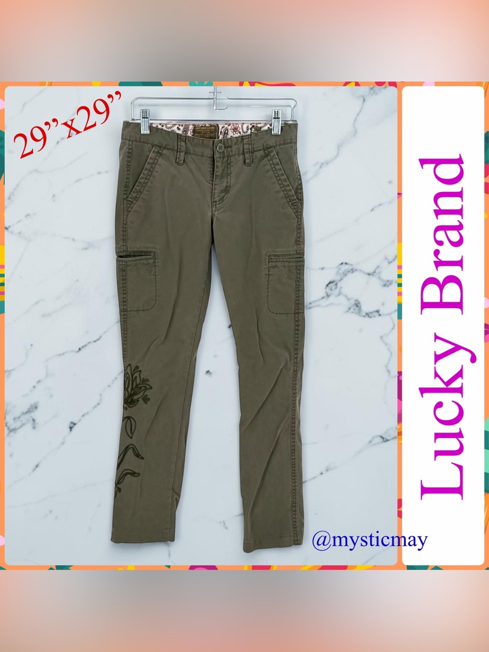 Vintage LUCKY BRAND Olive Green Floral Embroidered Slim Utility Cargo Pant 29x29
